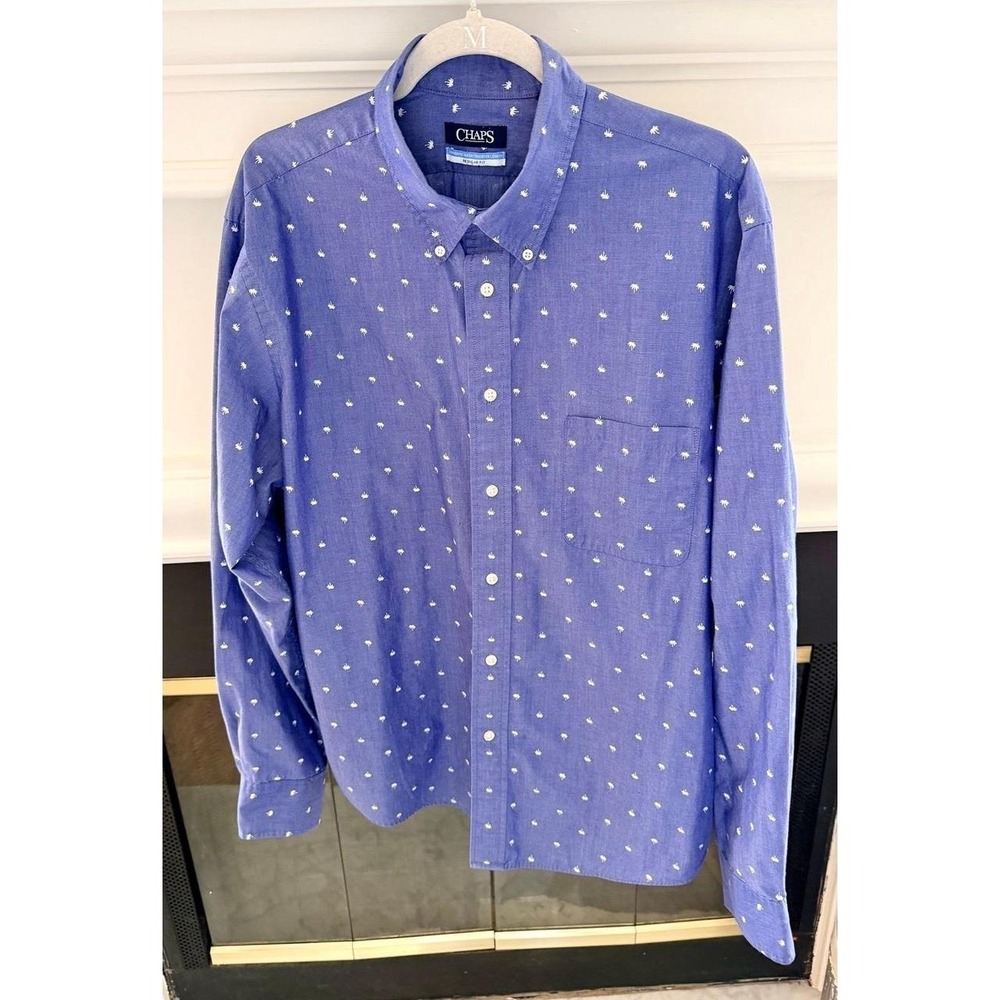 Chaps Regular Fit  17 1/2 36/37 Button Down   L/S Shirt Blue with Palm Trees